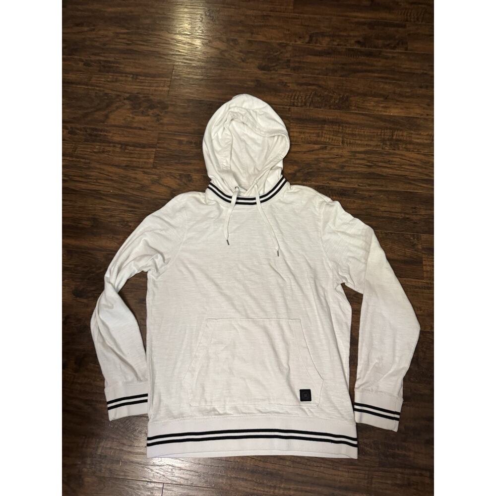 American Eagle Women Medium Hoodie Pullover White w/ Blue Strip Trim Kangaroo Po